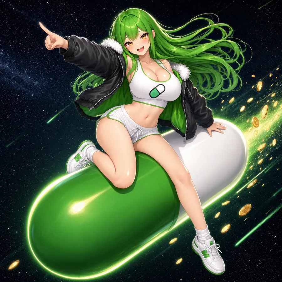The $PUMP girl riding a pill rocket