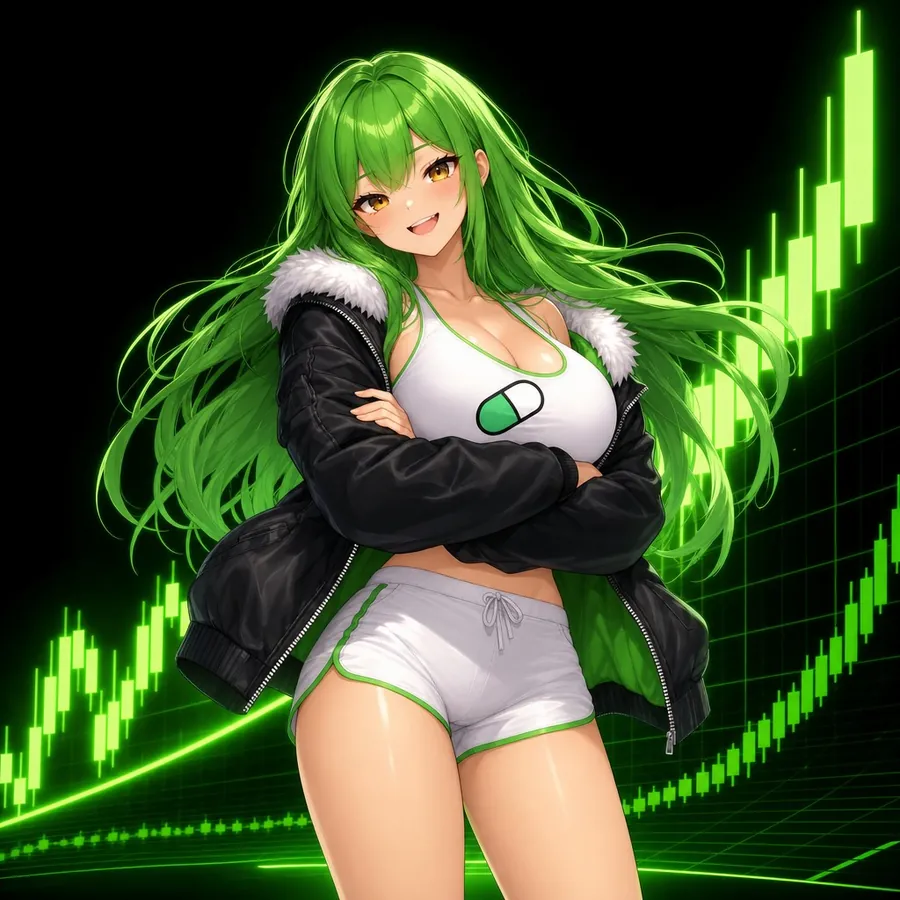 The $PUMP girl in front of a rising green chart