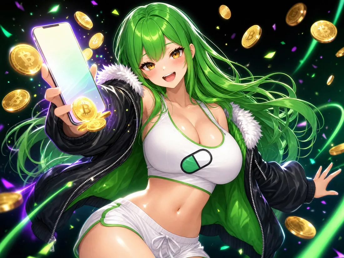 The $PUMP girl holding a phone as BTC coins fly around her